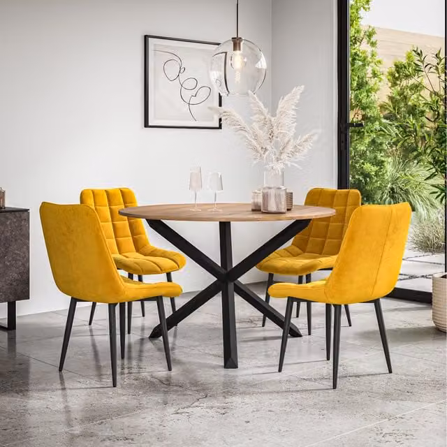 More4Homes Malvern Round Oak Effect Dining Table Set with 4 Mustard Nova Velvet Chairs and Black Oak Legs, Diameter: 120 cm, Height: 75 cm