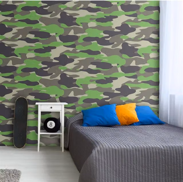 Debona Abstract Modern Camouflage Army Wallpaper in Green and Grey