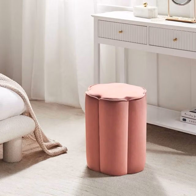 Wyld Haus Pink Velvet Cylindrical Pouffe with Rubberwood Frame, W: 39 cm, D: 34 cm, H: 45 cm