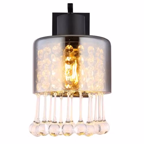 Globo Lighting Black Metal and Crystal Wall Lamp with Transparent Smoke Glass for Hallways and Bedrooms, Height: 26 cm – 4
