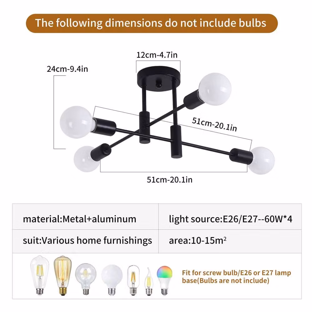 NIVOR Modern 4 Light Industrial Metal Sputnik Ceiling Chandelier in Black with E27 Bulbs – 2