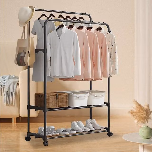 FORGEVIO Heavy Duty Double Clothes Rail Hanging Rack Garment Display in Matt Black