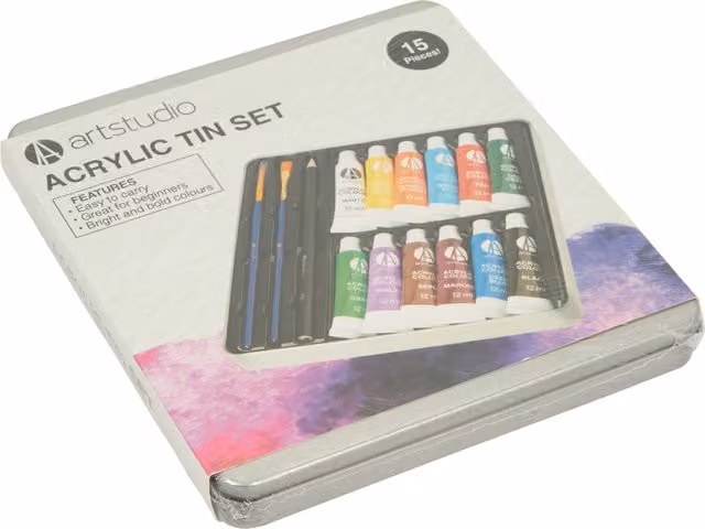 Art Studio 15 Piece Multicolour Transparent Acrylic and Metal Tin Set