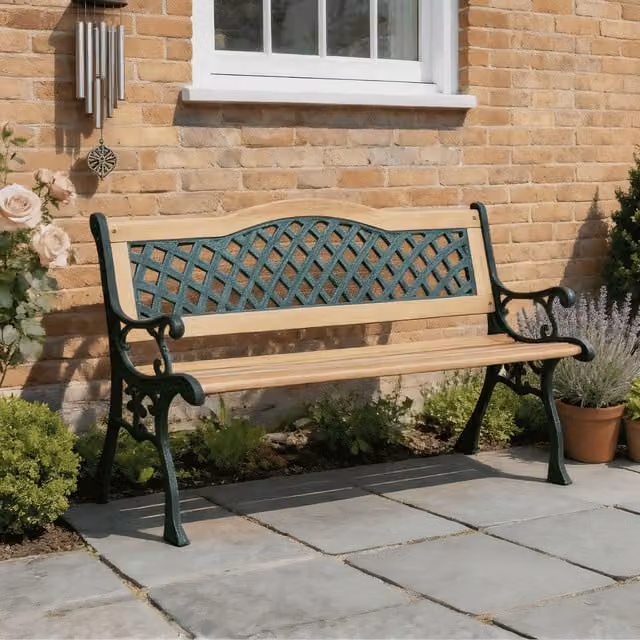 Lorien Verdigris Green Metal and Wood Garden Bench with Vintage Geometric Design
