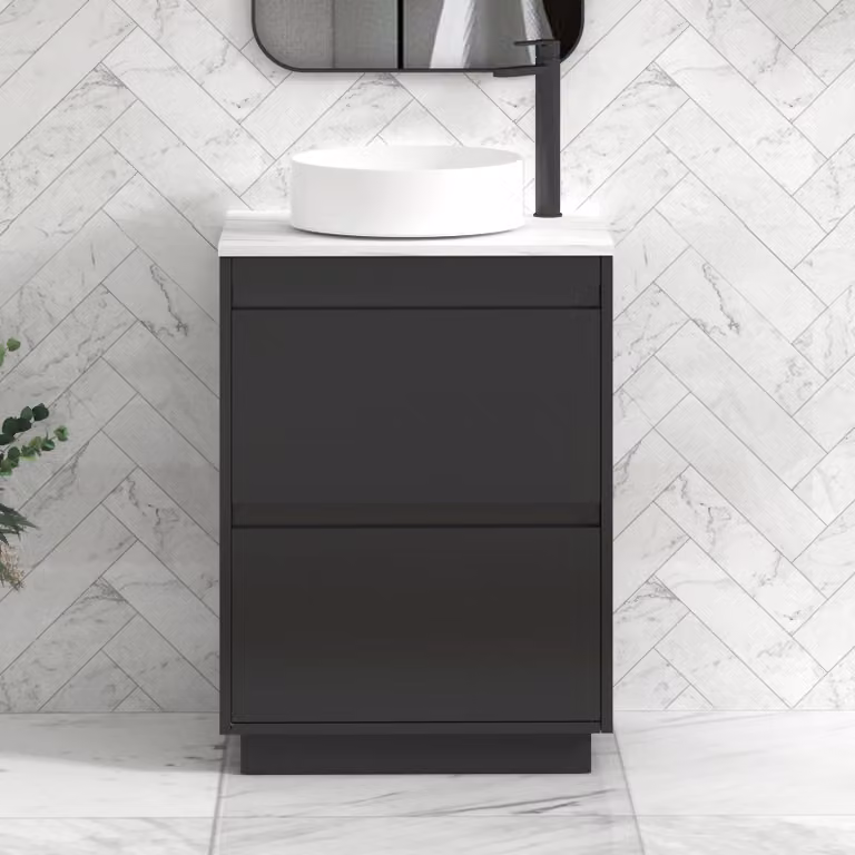 Royal Bathrooms Orion 600mm Matt Obsidian Black Floor Standing Countertop Vanity Unit with 2 Drawers, Art Basin and Black Accent Trim