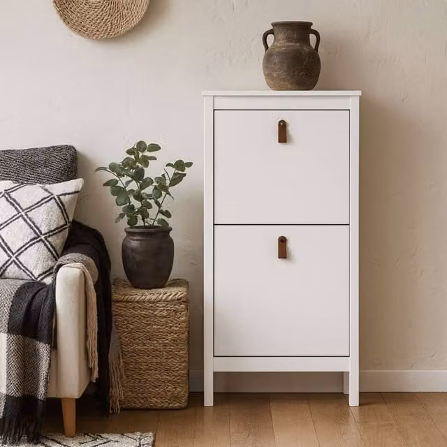 Wyld Haus Wildberry Matt White Shoe Cabinet with 2 Tilting Compartments and Metal Handles – 1