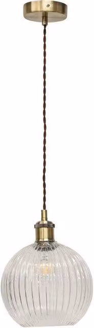 First Choice Lighting Betchley Retro Suspended Light Fitting with Transparent Ribbed Glass Sphere and Gold Brass Finish