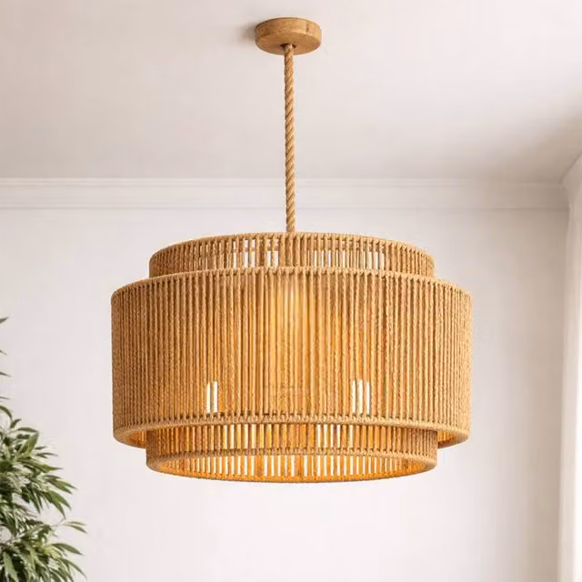 Voltico Double Tier Rattan Pendant Ceiling Lampshade, Brown, Diameter: 30 cm