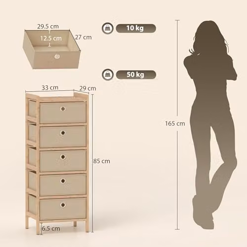HOMCOM Chest of Drawers with Bamboo Frame and 5 Fabric Drawers in White – 3