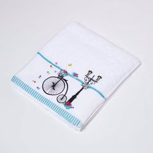 Homescapes White Turkish Cotton Embroidered Hand Towel with Vintage Bicycle and Floral Design