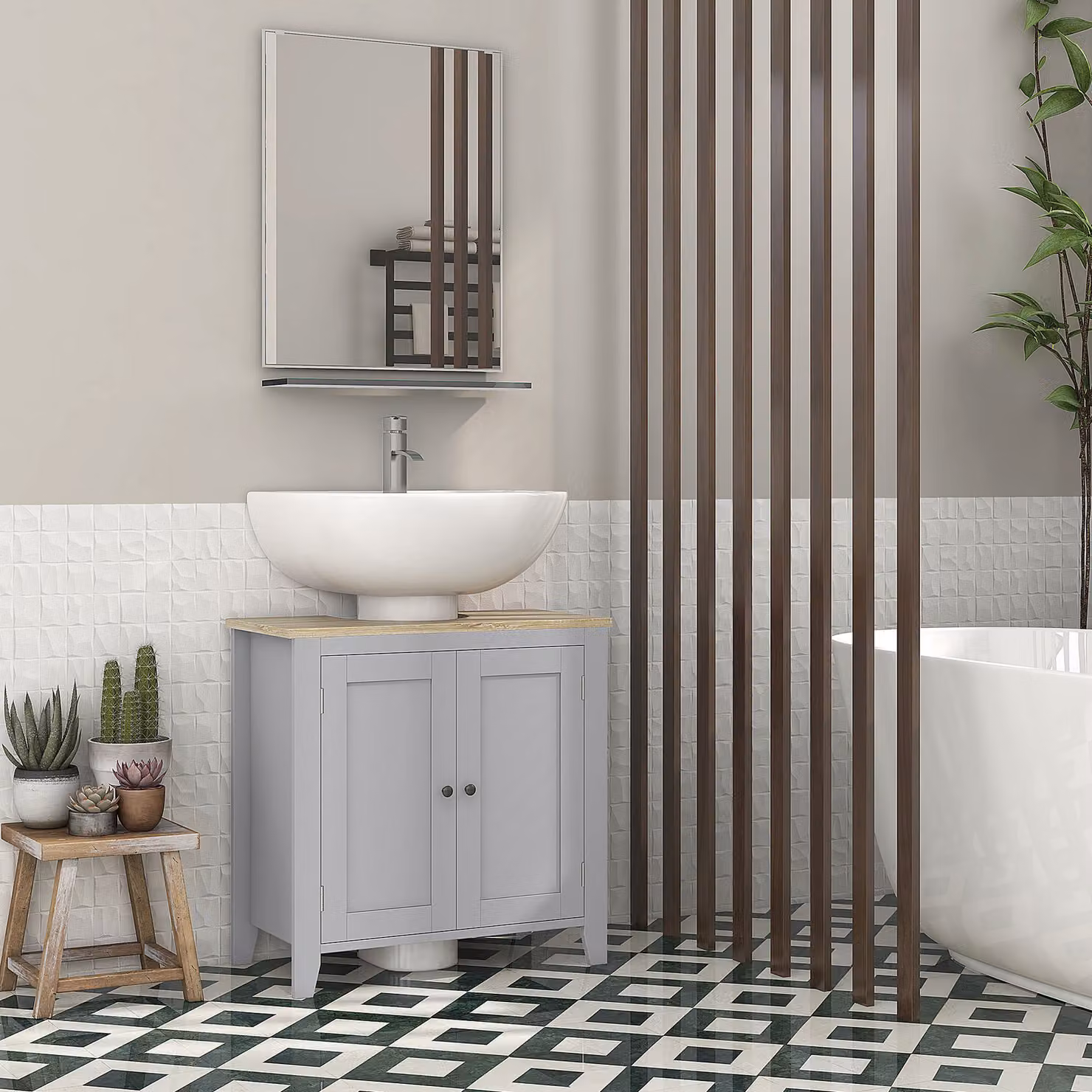 kleankin Grey Freestanding Under Sink Bathroom Cabinet with 2 Hinged Doors and Adjustable Internal Shelf – 2