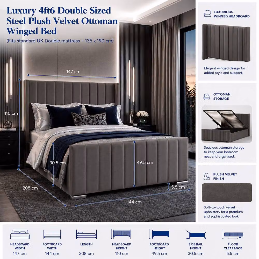 Harmin Luxury EU Double Winged Ottoman Bed in Dark Grey Plush Velvet with Lift Up Base – 2