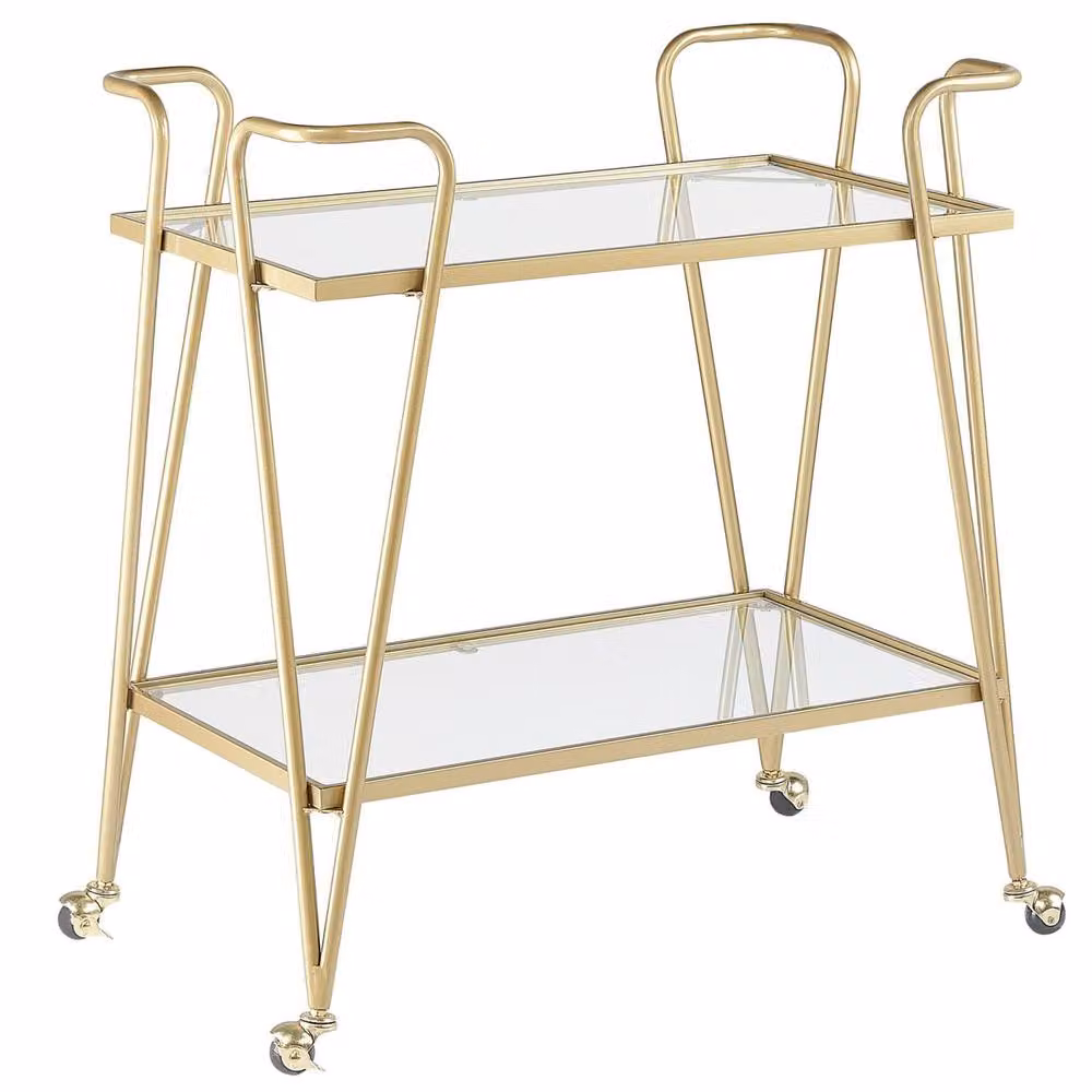 Wyld and Coco Gold Metal and Glass Art Deco Kitchen Trolley with Braked Castors, H 83 cm x W 76 cm x D 45 cm – 2