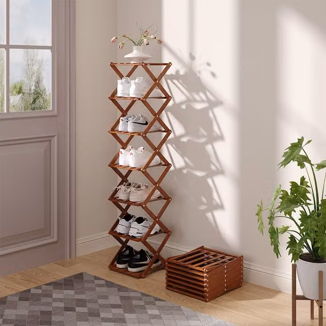 Livingandhome Multi-Layer Foldable Bamboo Shoe Rack in Brown, Width: 105 cm