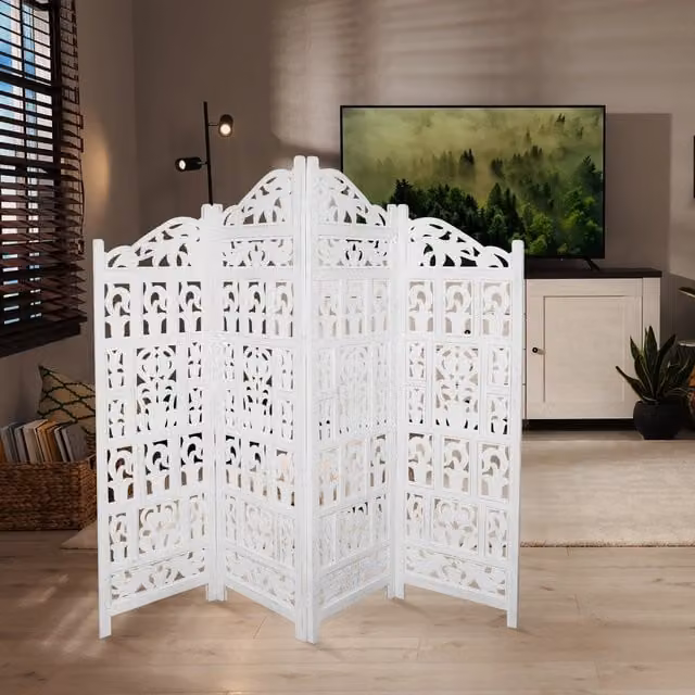 Topfurnishing Gamla 4 Panel Heavy Carved Wooden Room Divider Screen in White with Floral Design