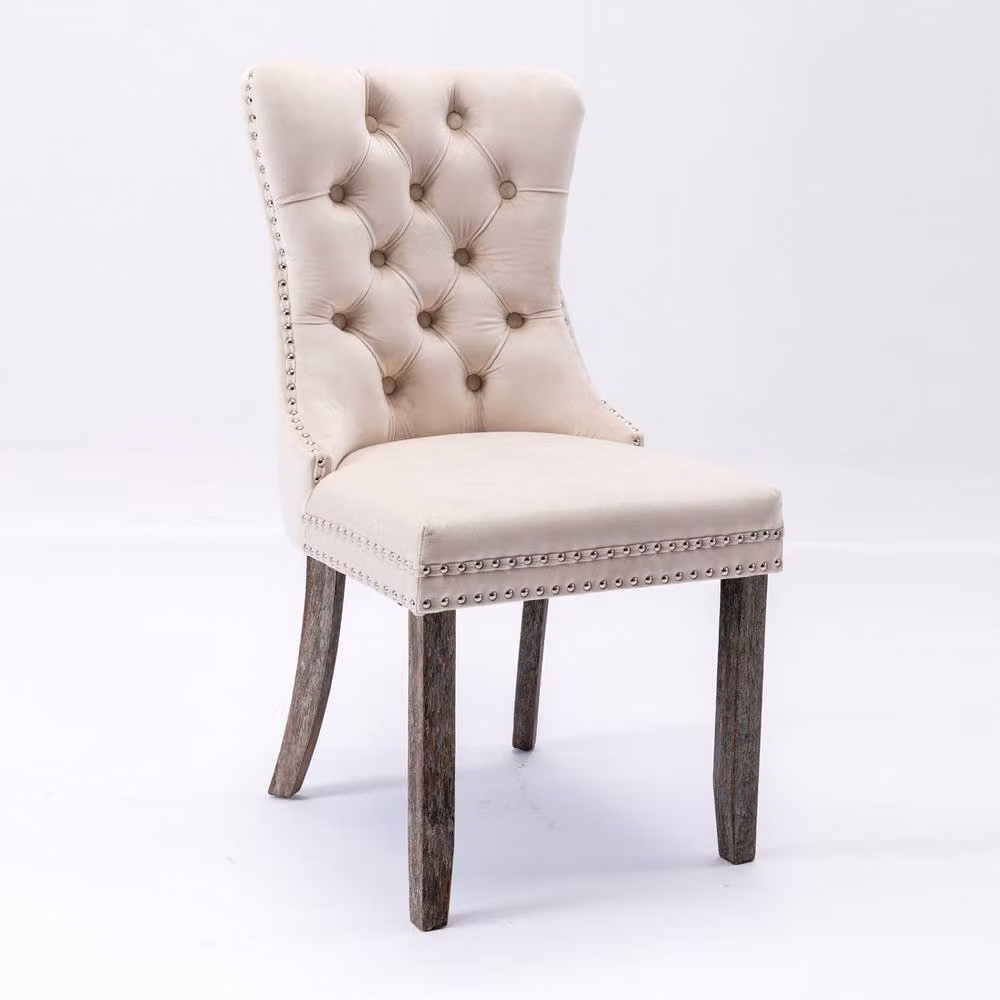 Modern Home Touch Romsey Set of 4 Beige Velvet Upholstered Dining Chairs with Oak Legs and Knocker Ring Back – 2