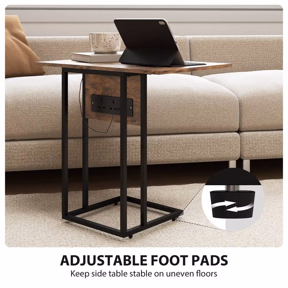 ERGOVEXA C Shaped Side Table with Charging Station and Foldable Drop Leaf Top in Rustic Brown and Black – 5