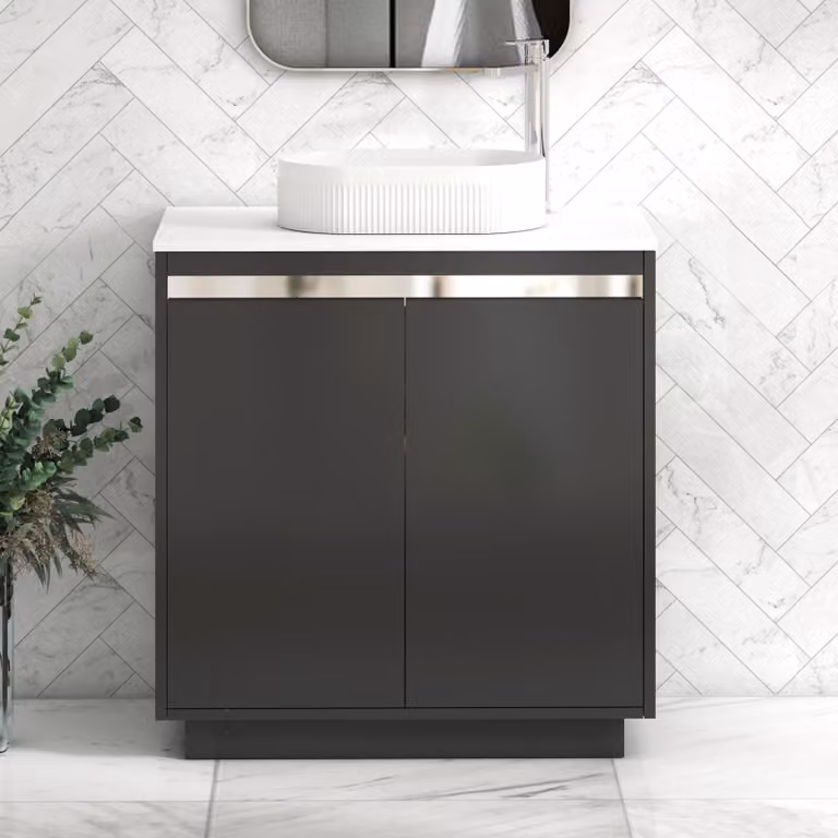Royal Bathrooms Orion 800mm Matt Obsidian Black and Plain White Floor Standing 2 Door Vanity Unit with Lyon Basin and Chrome Accent Trim