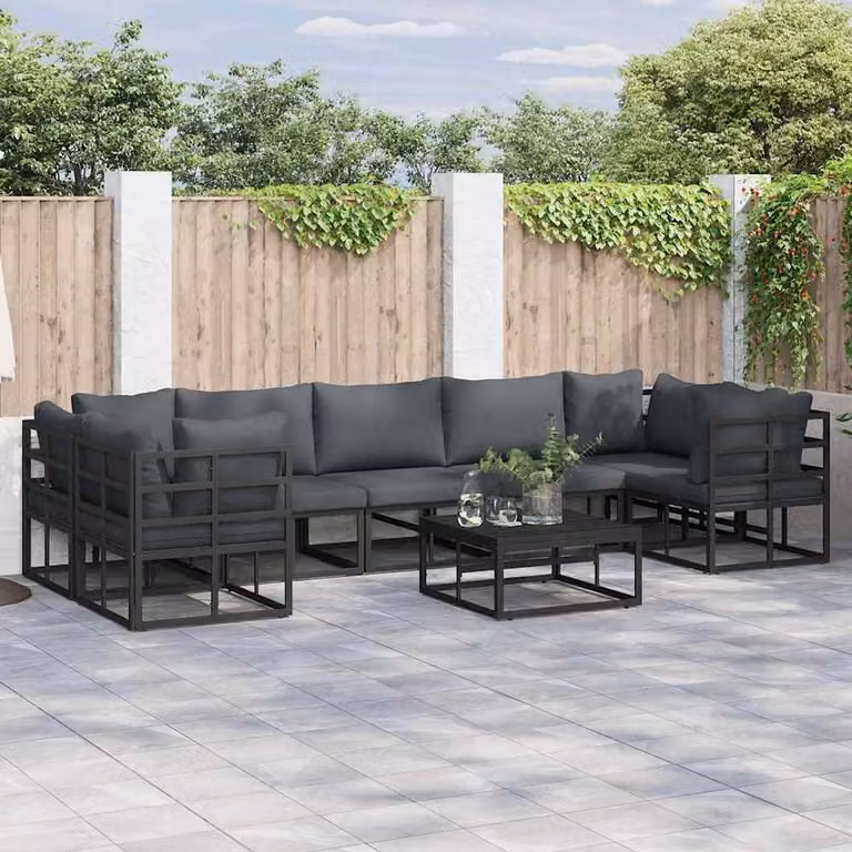 Berkfield Home 8 Piece L-Shape Garden Sofa Set in Black Powder Coated Aluminium with Grey Upholstered Cushions