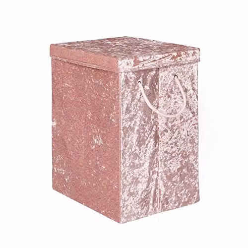 OHS Collapsible Crushed Velvet Laundry Basket with Lid and Handles, Pink, W: 50 cm, D: 45 cm, H: 30 cm