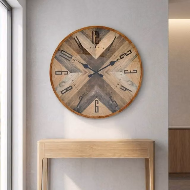 Garden Greatness Modern Geometric Round Analogue Wall Clock in Brown and Multicolour Wood