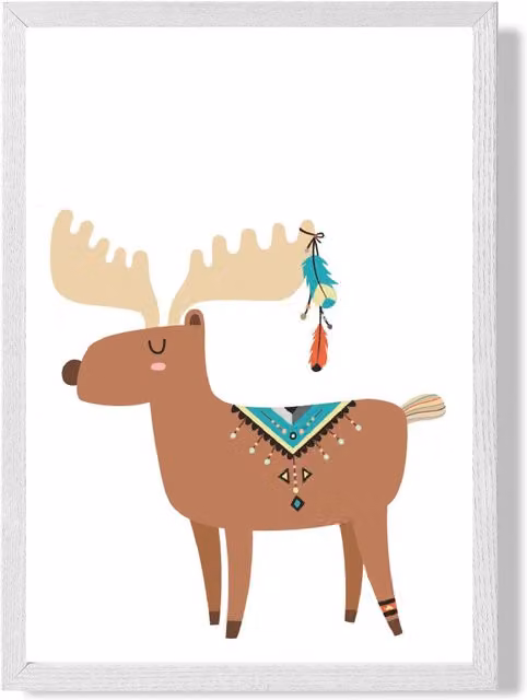 ARTZE Reindeer Tribal Animal Framed Print, Multicolour Ethnic Illustration in a Brown and White Frame