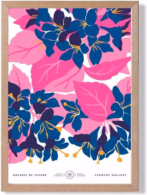 ARTZE Abstract Blue and Pink Blossom Flower Market Gallery Framed Print with Oak Frame in Mid Blue, A3
