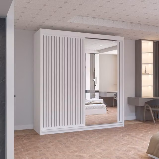 MN Furniture Reno 2 Sliding Door Wardrobe with Mirror and Integrated LED Light in Black and White, W: 203 cm, H: 217 cm – 1