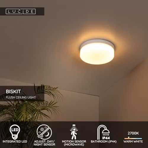 Lucide Biskit Modern White LED Flush Ceiling Light with Motion Sensor for Bathrooms, Diameter: 23 cm – 2