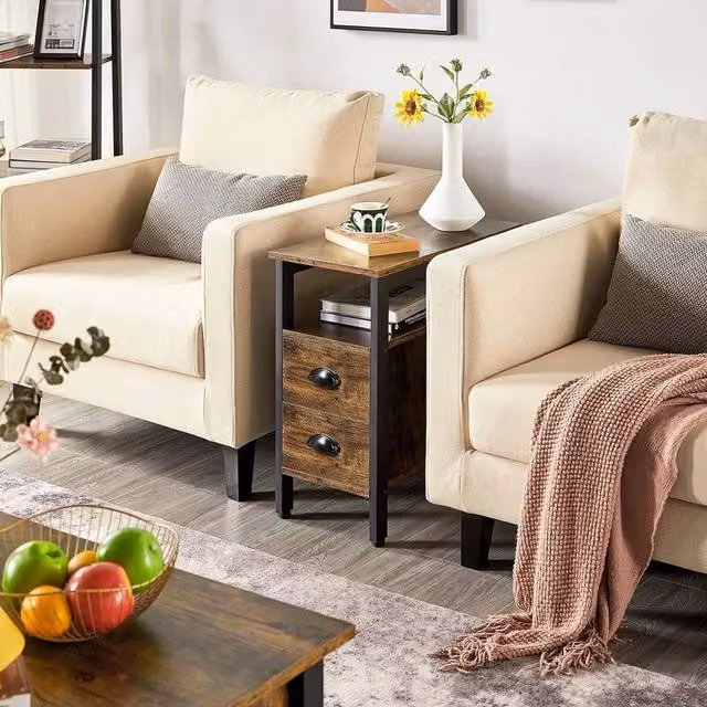 KORVIXA Brown Wooden Narrow Bedside Table and Nightstand