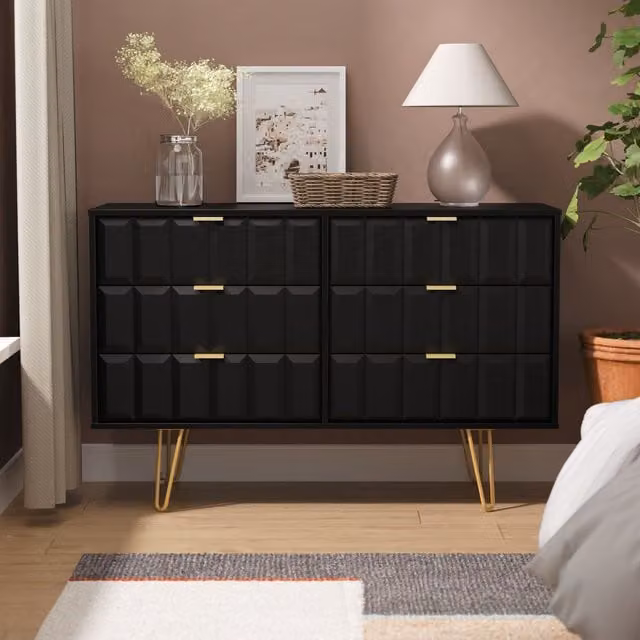 2 U Metro Ready Assembled 6 Drawer Wide Chest in True Black and Gold