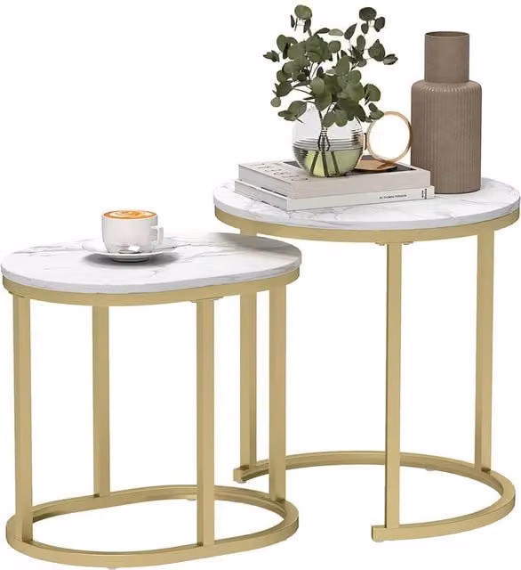 KORVIXA Set of 2 Modern Round White Glossy Coffee Tables with Nested Tops – 1