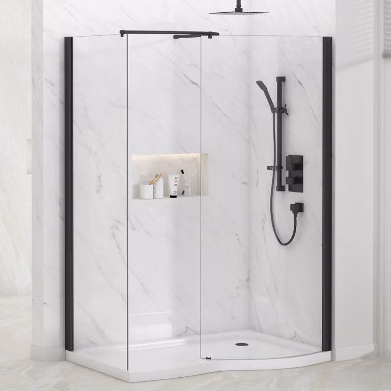 Royal Bathrooms Milan Curved Walk In Enclosure with RH Tray, Matt Black, W: 140 cm, D: 90 cm, 8mm Glass