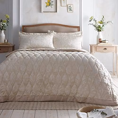 Appletree Beige Floral Quilted Bedspread, Reversible Jacquard Microfibre Design, W: 230 cm, D: 200 cm