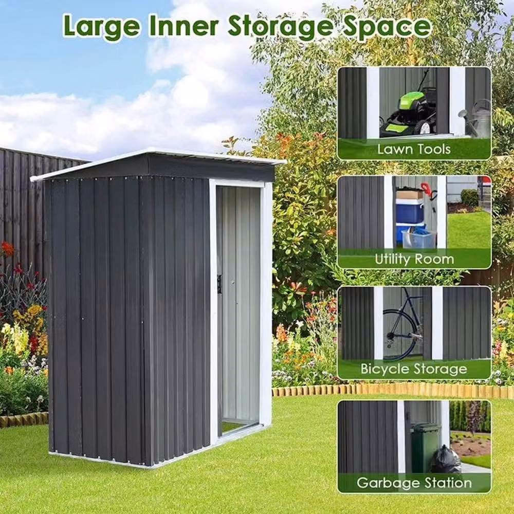 FLAVORA Grey Galvanised Steel Metal Garden Shed with Double Doors and Gable Roof – 3