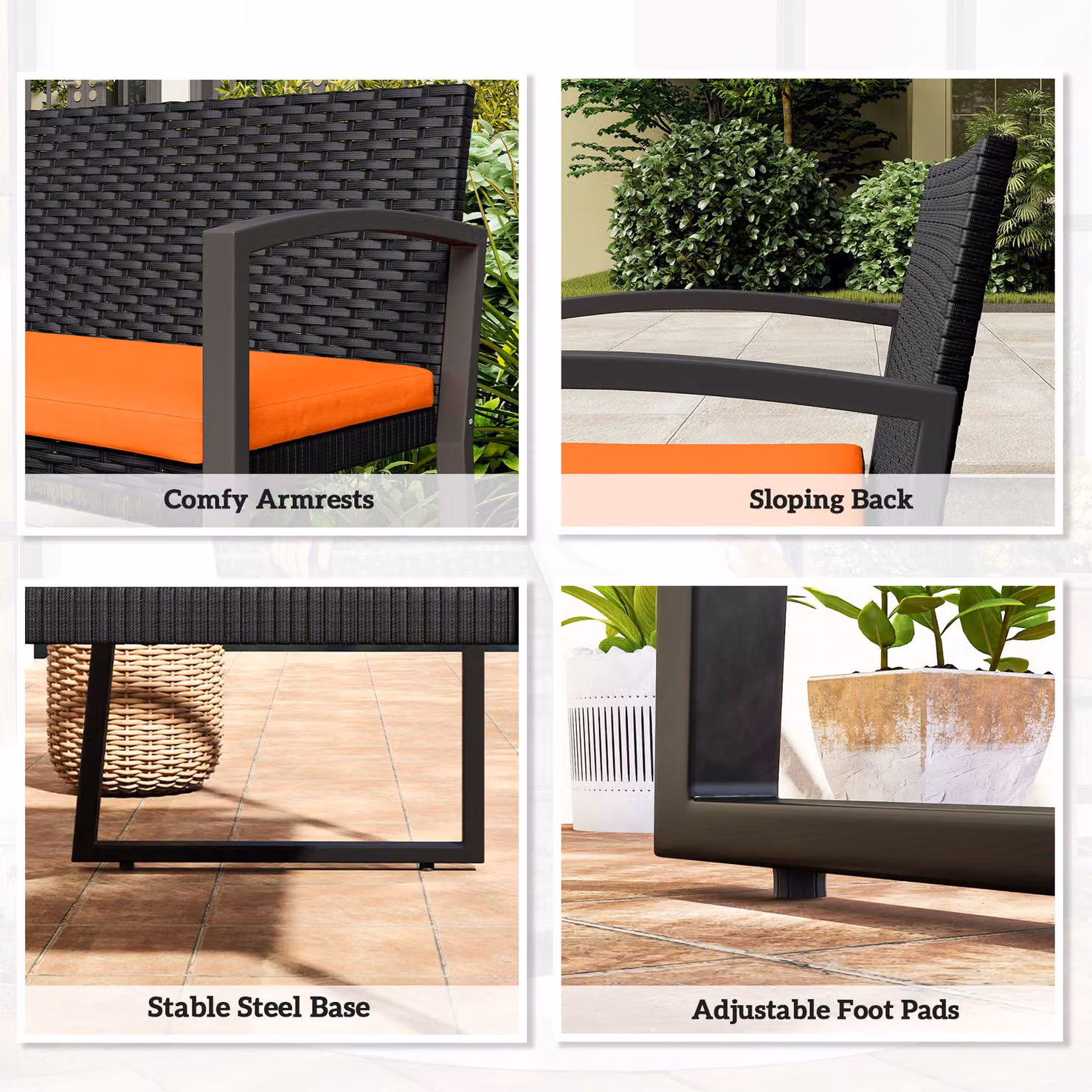 Outsunny Two-Seater Rattan Garden Bench with Armrests in Orange – 7