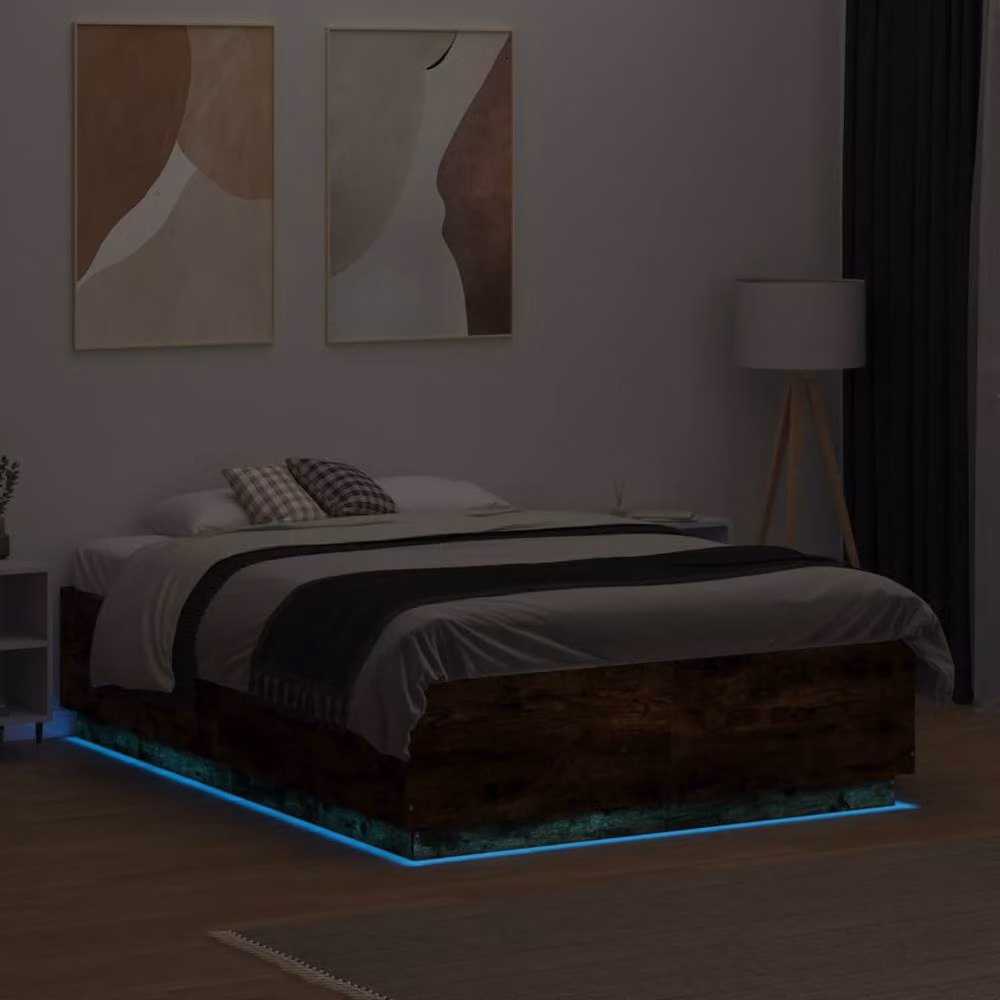 Berkfield Home Durable Bed Frame with LED Under-Bed Lighting in Smoked Oak Brown, W/D/H: 135 x 190 x 40 cm – 4