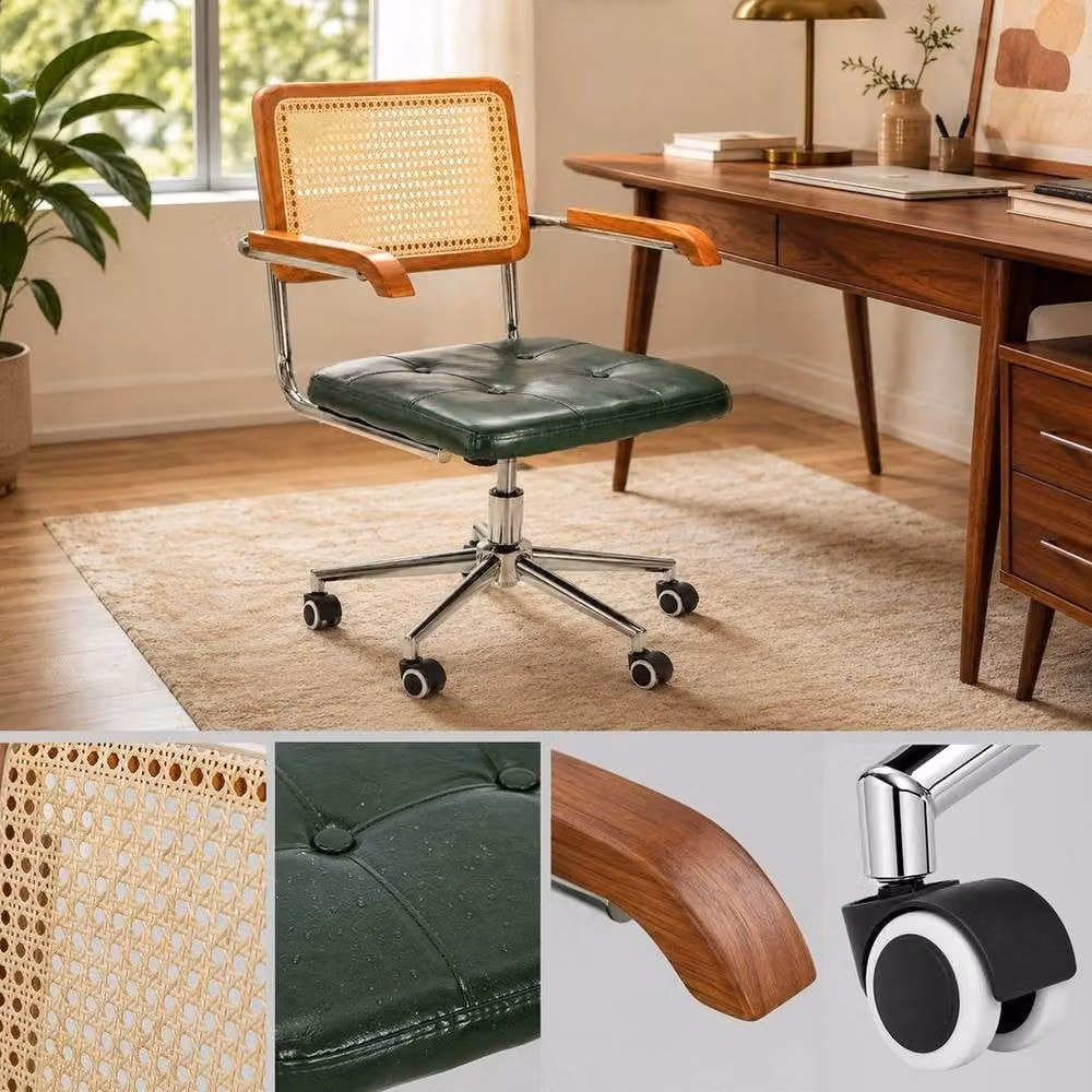 KORVIXA Modern Walnut Cane Backrest Office Task Chair with Armrests in Green and Multicolour – 3