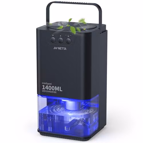 NETTA Mini Dehumidifier with 24-Hour Timer and 7-Colour LED Light, 1.4 l, Black