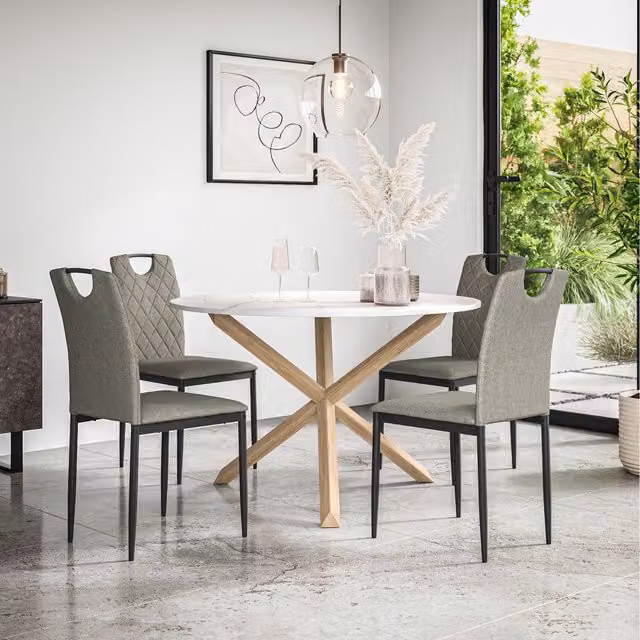 More4Homes Malvern Round Marble Effect Dining Table Set with Oak Legs, Grey and White, Diameter: 120 cm, Height: 75 cm, Includes 4 Chairs