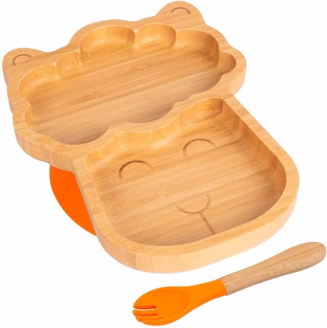 Tiny Dining Bamboo Llama Baby Weaning Plate and Fork Set in Orange