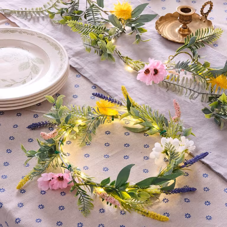 Pre Lit Spring Flower Wreath and Garland in Multicolour