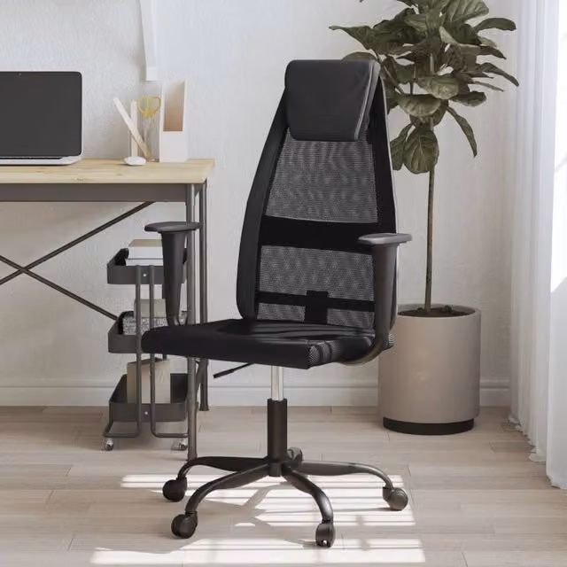 Berkfield Black Mesh Fabric and Faux Leather Swivel Task Chair with Headrest and Armrests – 1