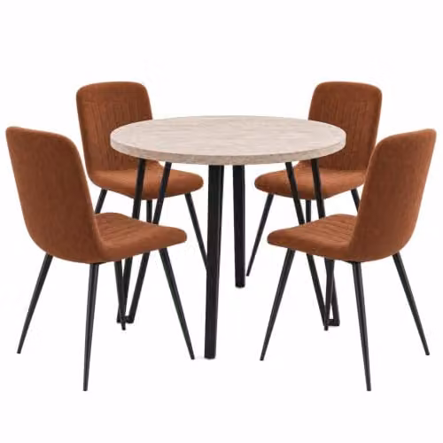 FWStyle Round Travertine Dining Table and 4 Upholstered Chairs Set in Beige and Brown – 4