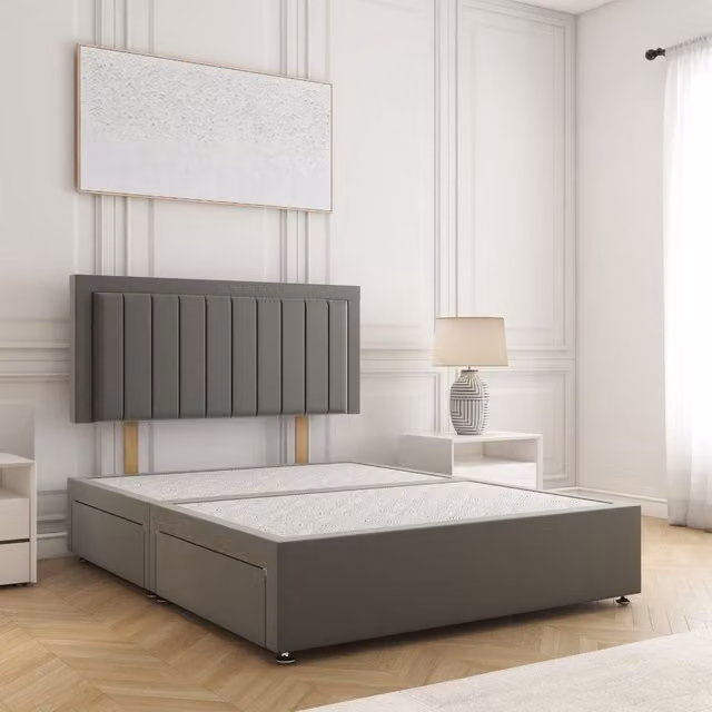 BSSPOKE Zarah Super King Divan Bed in Grey Plush Velvet with 2 Drawers on the Same Side and Headboard