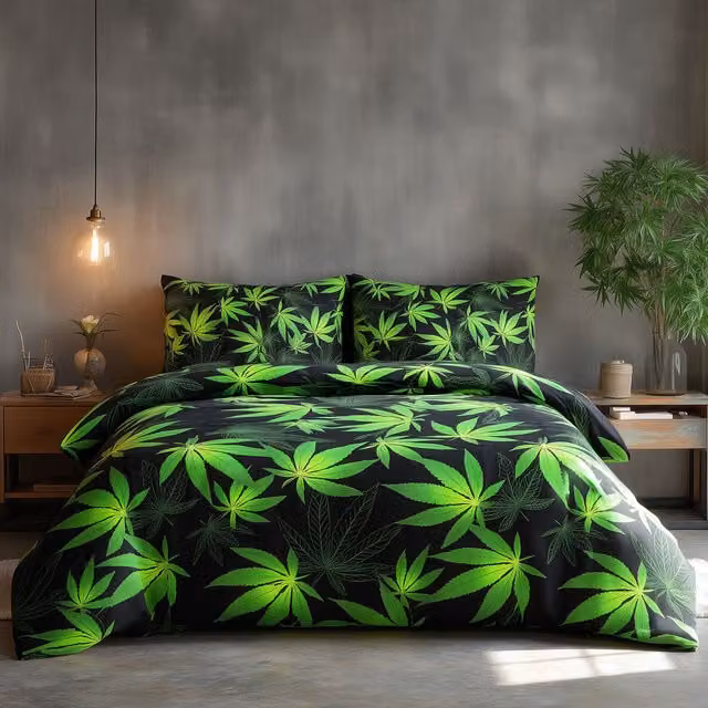Home Sweet Home UK Super King Duvet Cover and Pillowcase Set with Black and White Cannabis Graphic Design, W/D/H: 220 x 220 x 220 cm – 1
