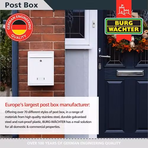 Burg-Wächter MB19 Trent Wall Mounted Galvanised Steel Lockable Weatherproof Post Box, White, W: 26 cm, H: 34 cm, D: 9 cm – 3