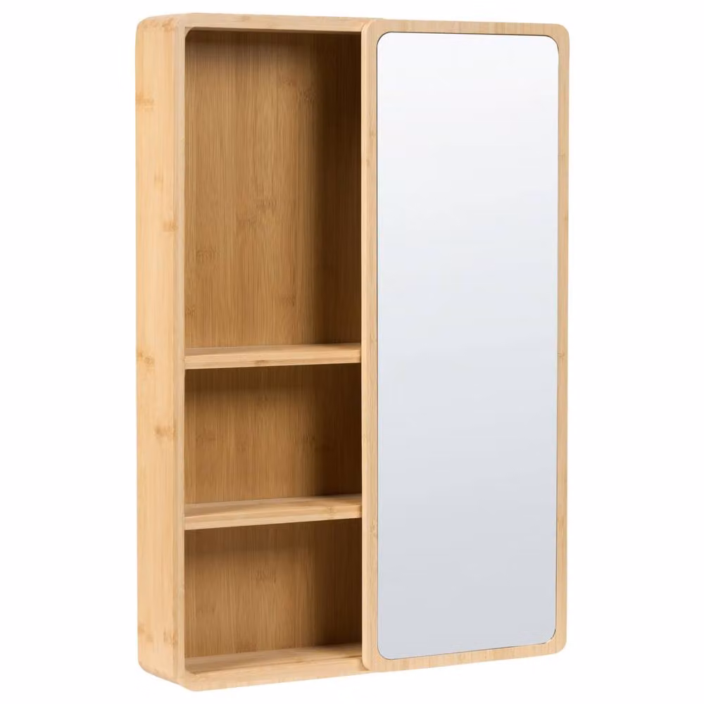 Wyld and Coco Bamboo Bathroom Sliding Mirror Door with LED Lighting and Internal Shelves, Brown, W: 41 cm, D: 9 cm, H: 61 cm – 3