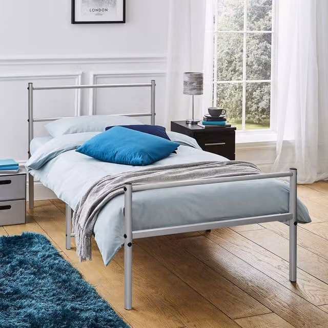 House Of Home Single Extra Strong Minimalist Metal Bed Frame in Silver