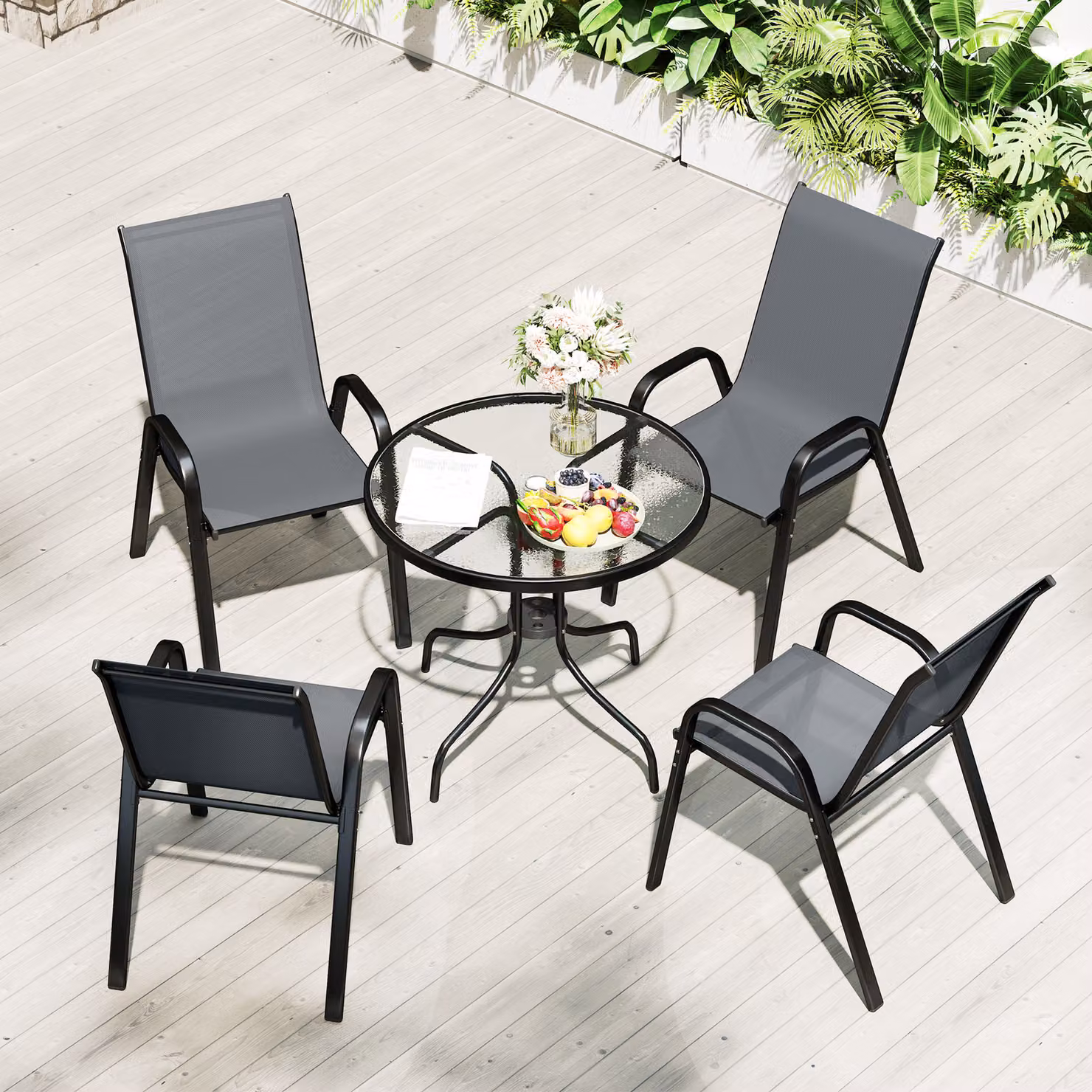 Outsunny 5 Piece Steel Patio Dining Set with Glass Top Round Table and 4 Chairs in Dark Grey – 6